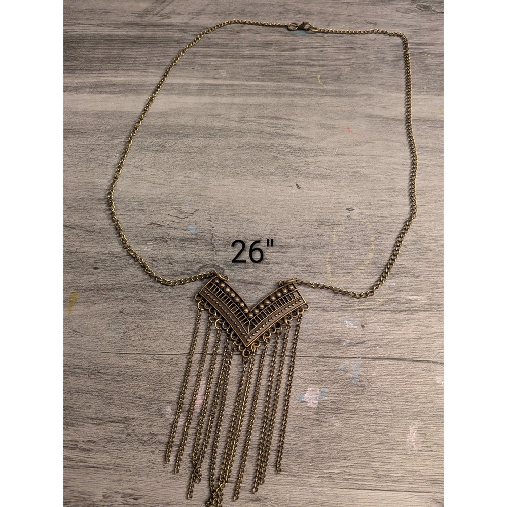 Antique Bronze Chevron Tassel Statement Necklace Boho Fringe Long Chain